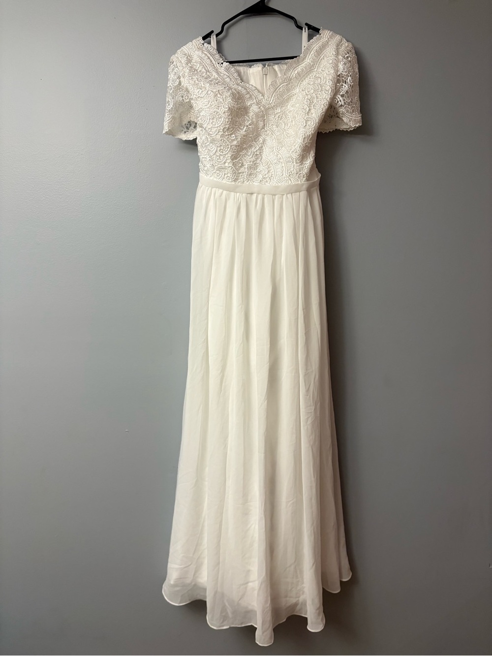JJs House Ivory Lace Bodice Chiffon Wedding Gown